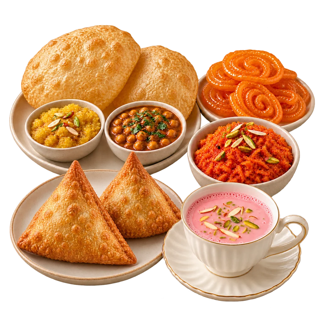 Illustrative food spread with samosas, halwa puri, gajar halwa, jalebi and a matching cup of pink tea